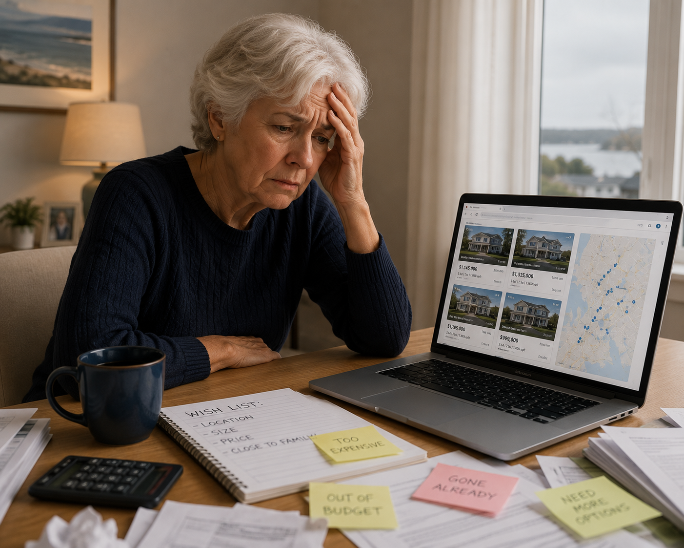 An older woman holding her head in frustration at her desk, looking at real estate listings on a laptop surrounded by a wish list notepad and sticky notes reading too expensive, out of budget, and gone already