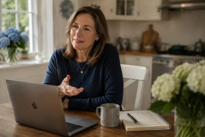 A Rightsizely coordinator on a video call at her kitchen table, taking notes for a client