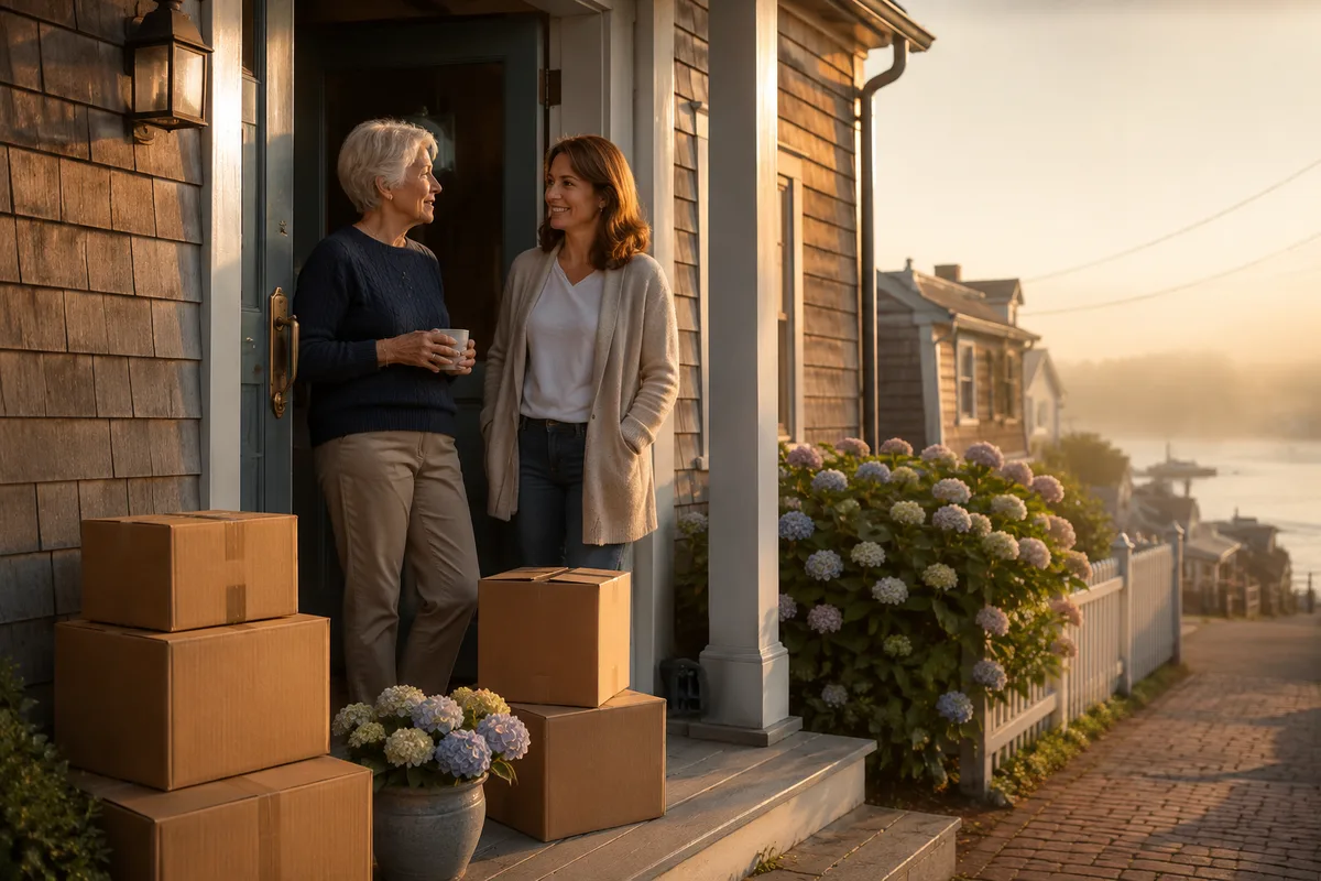 A Rightsizely coordinator and a client talking on the client&rsquo;s porch at golden hour, packed boxes beside them and the harbour behind.