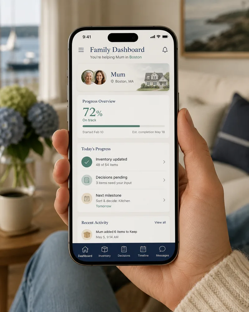 A phone mockup showing a family dashboard app screen, held in someone’s hand in a coastal living room